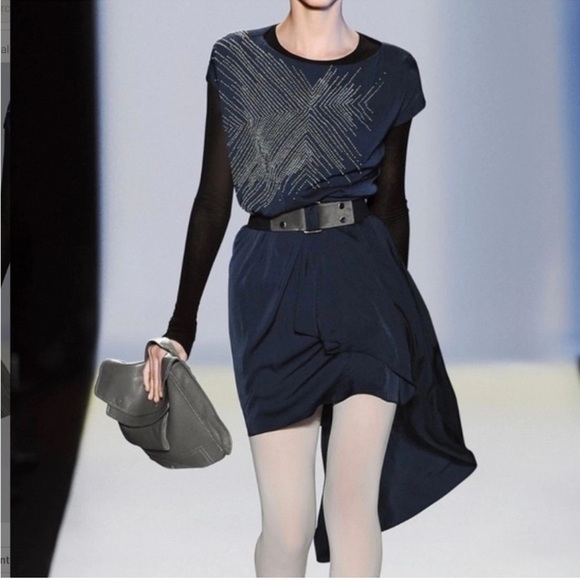 Limited Edition 2010 BCBGMaxAzria Runway Studded Navy Belted Sheath Asymmetrical - Picture 13 of 15